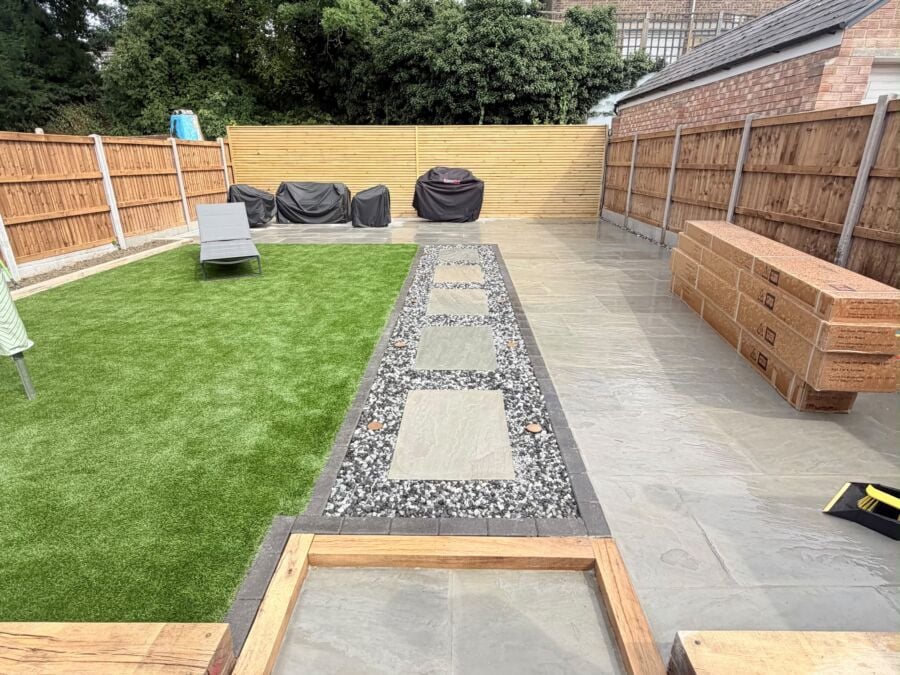 Garden makeover with artificial lawn, porcelain stepping stones and sleeper planters