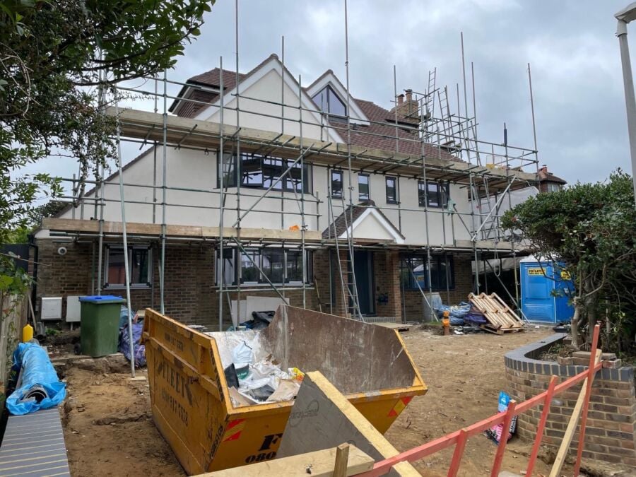 Scaffolding around a detached house during building works